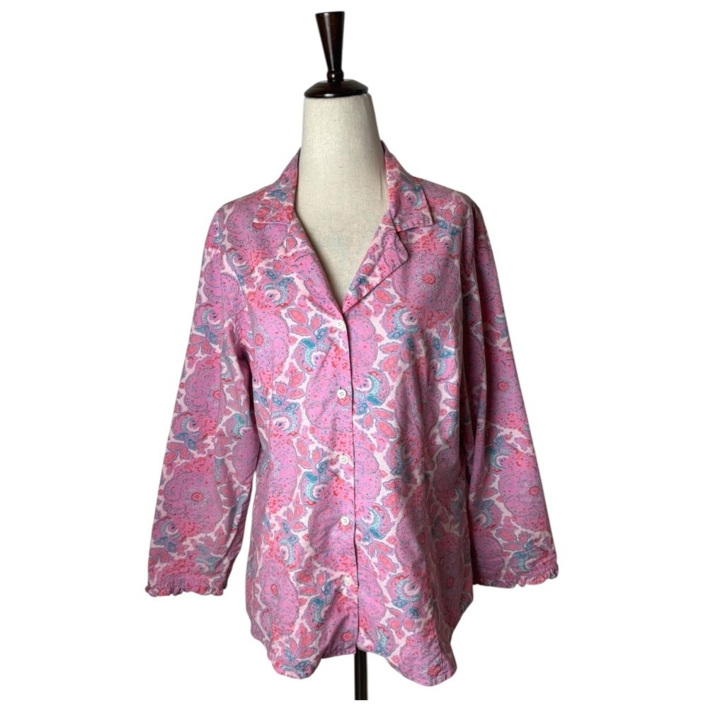 Pine Cone Hill Pajama Top Women Medium Pink Cotton Floral Button Up Boho Sleep